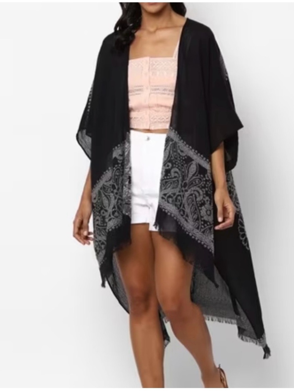 AEO Black Paisley Trim Kimono Cover-Up